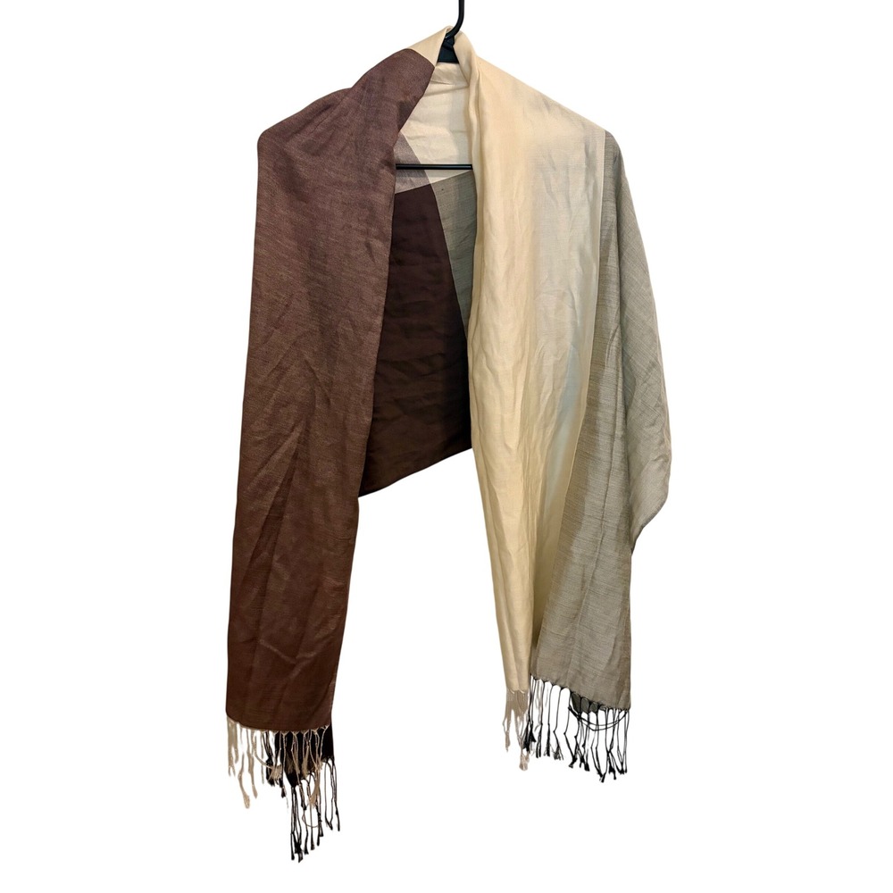 Colorblock Cotton Silk Fringe Wrap Scarf Shawl Taupe Cream Gray 25x70